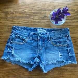 Daytrip Blue Denim Frayed Hem Women's Shorts, Size 28